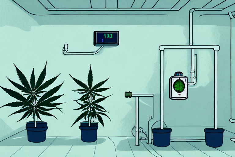 A cannabis plant in an indoor drying room with a hygrometer showing optimal humidity levels