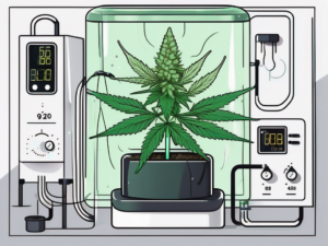 A cannabis plant in a controlled environment with visible temperature and humidity gauges